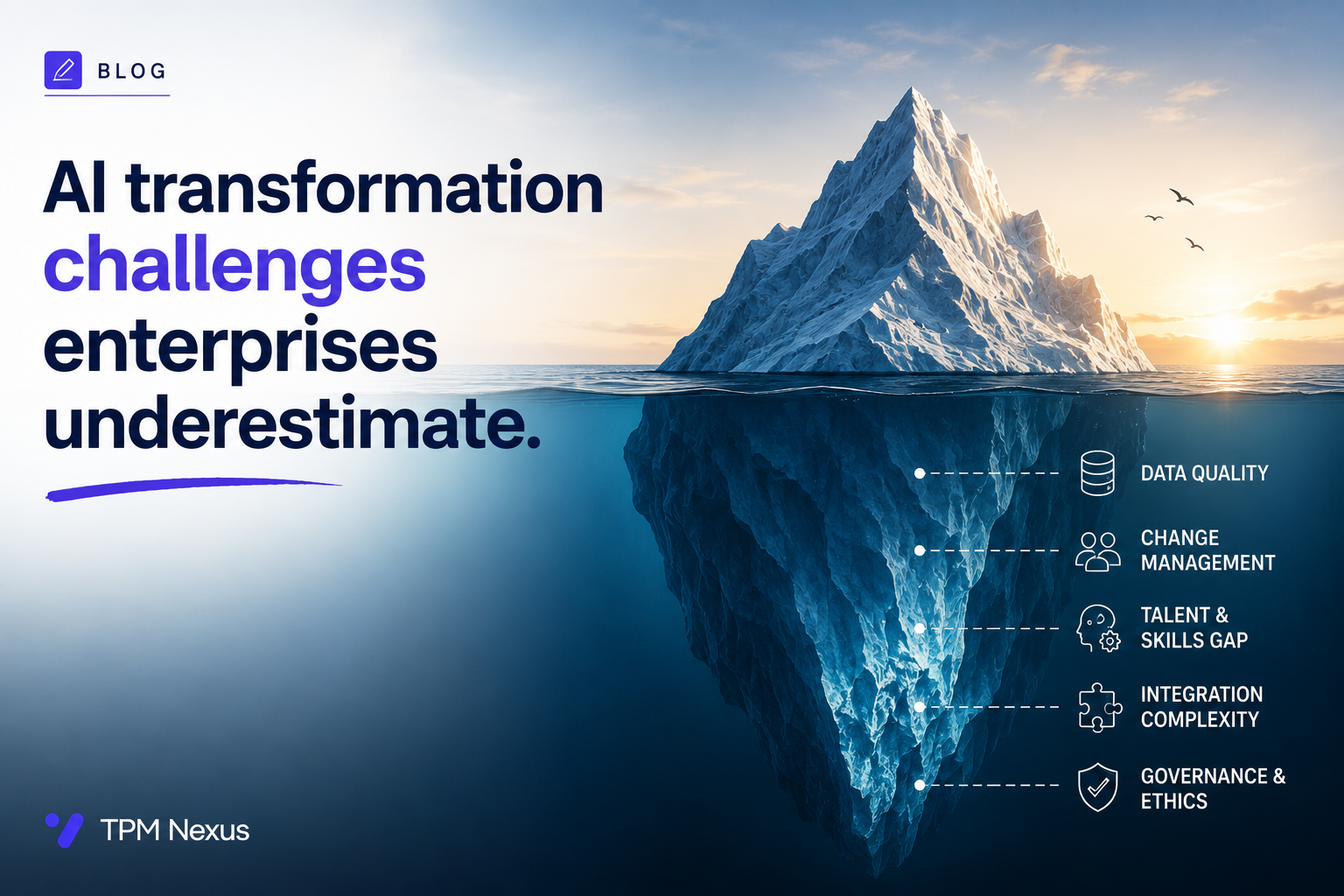 Enterprise AI transformation challenges including data, governance, and change management