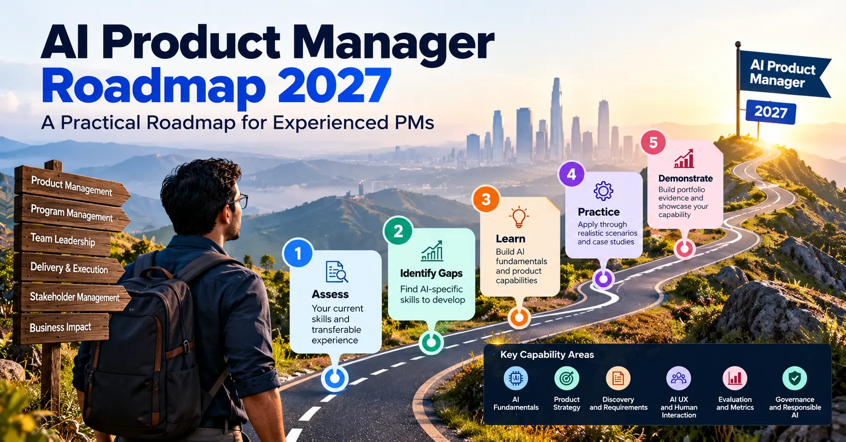 AI Product Manager roadmap for experienced PMs covering skills, evaluation, governance, and portfolio development.