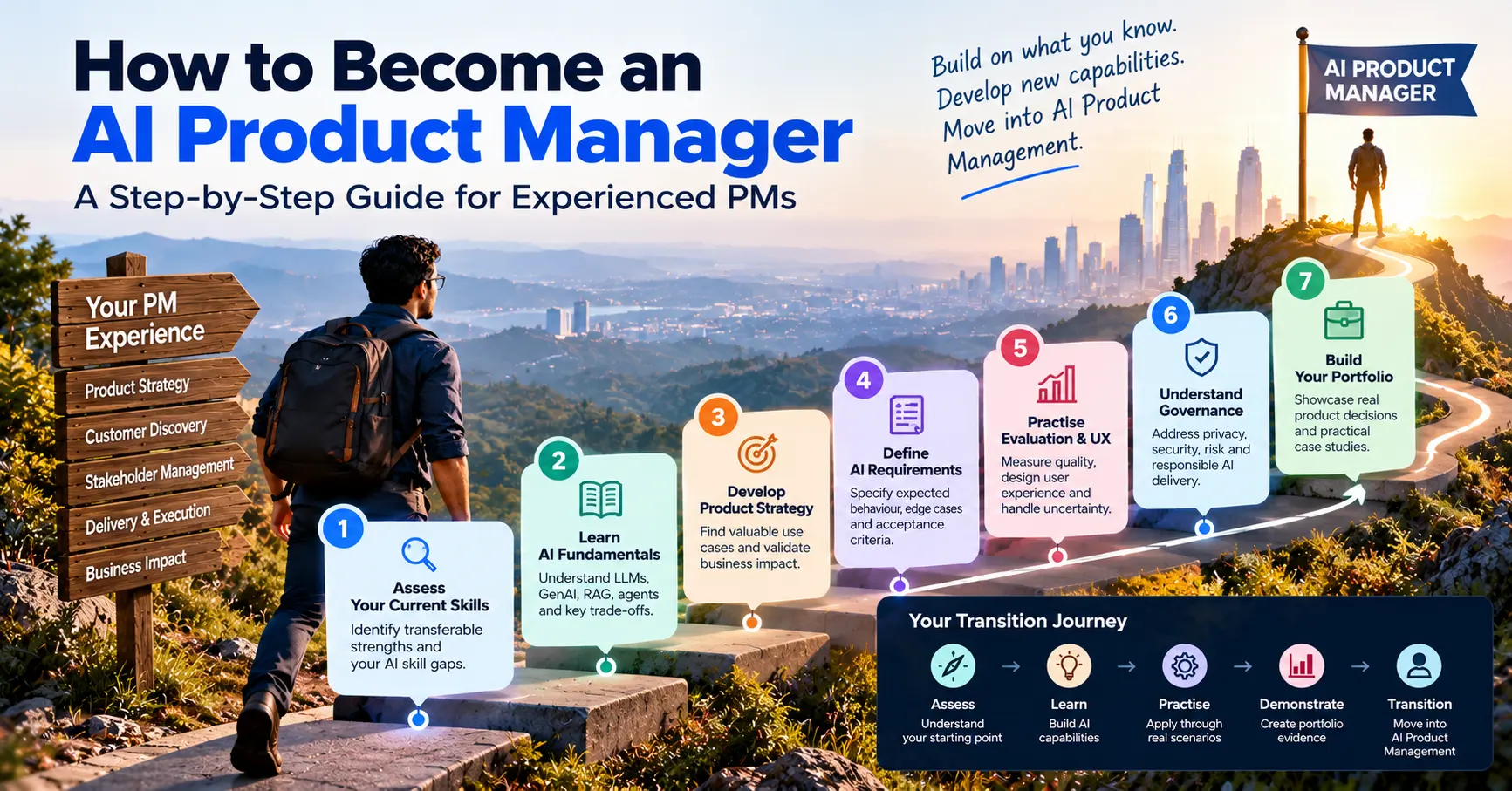 Steps for experienced Product Managers transitioning into AI Product Management through learning, practice, and portfolio development.